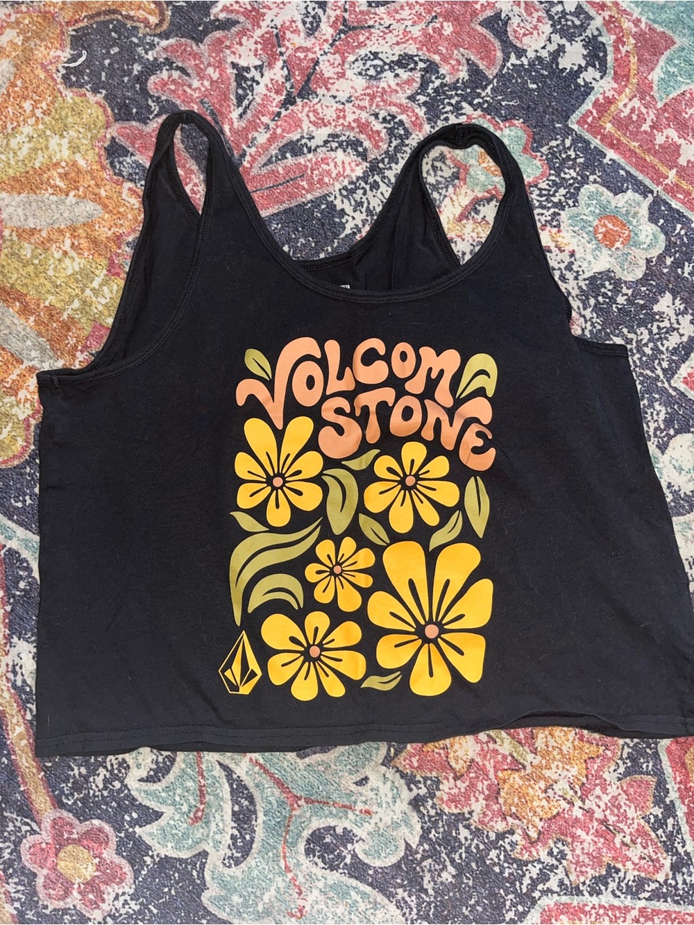 Volcom Black Cropped Tank with Yellow & Orange Floral Graphic